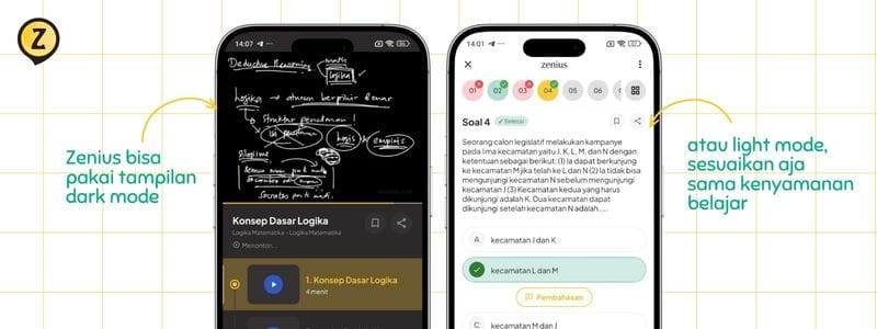 Tampilan mode gelap dan mode terang Zenius