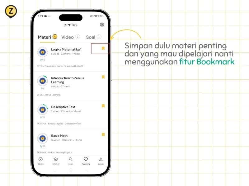 tampilan fitur bookmark di aplikasi zenius untuk memudahkan menemukan materi penting dan yang akan dipelajari nanti