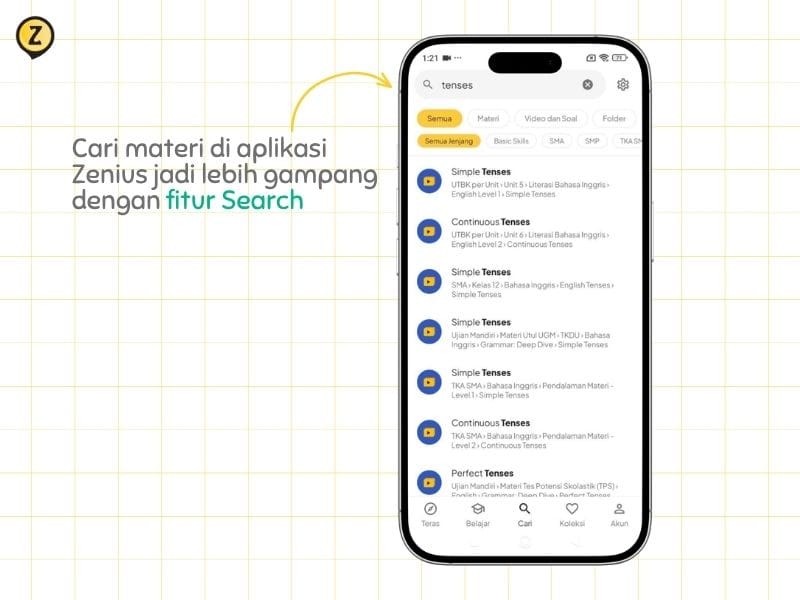 tampilan fitur search buat memudahkan pencarian materi belajar di zenius